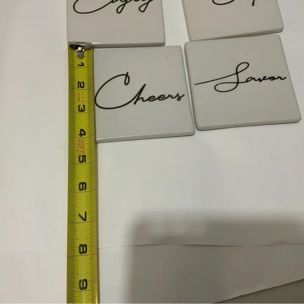 CERAMIC DRINK COASTER SET OF 4 CHEERS SIP SAVOR ENJOY SQUARE 4”x4” A4
